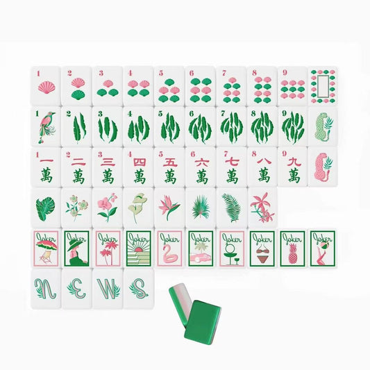 Tropical Flamingo Mahjong Tiles Set — Retro tropical American mahjong tiles with green‑pink‑white three‑layer backs, flamingo palm shell vacation‑style illustrations, 160‑tile tournament‑grade mahjong set