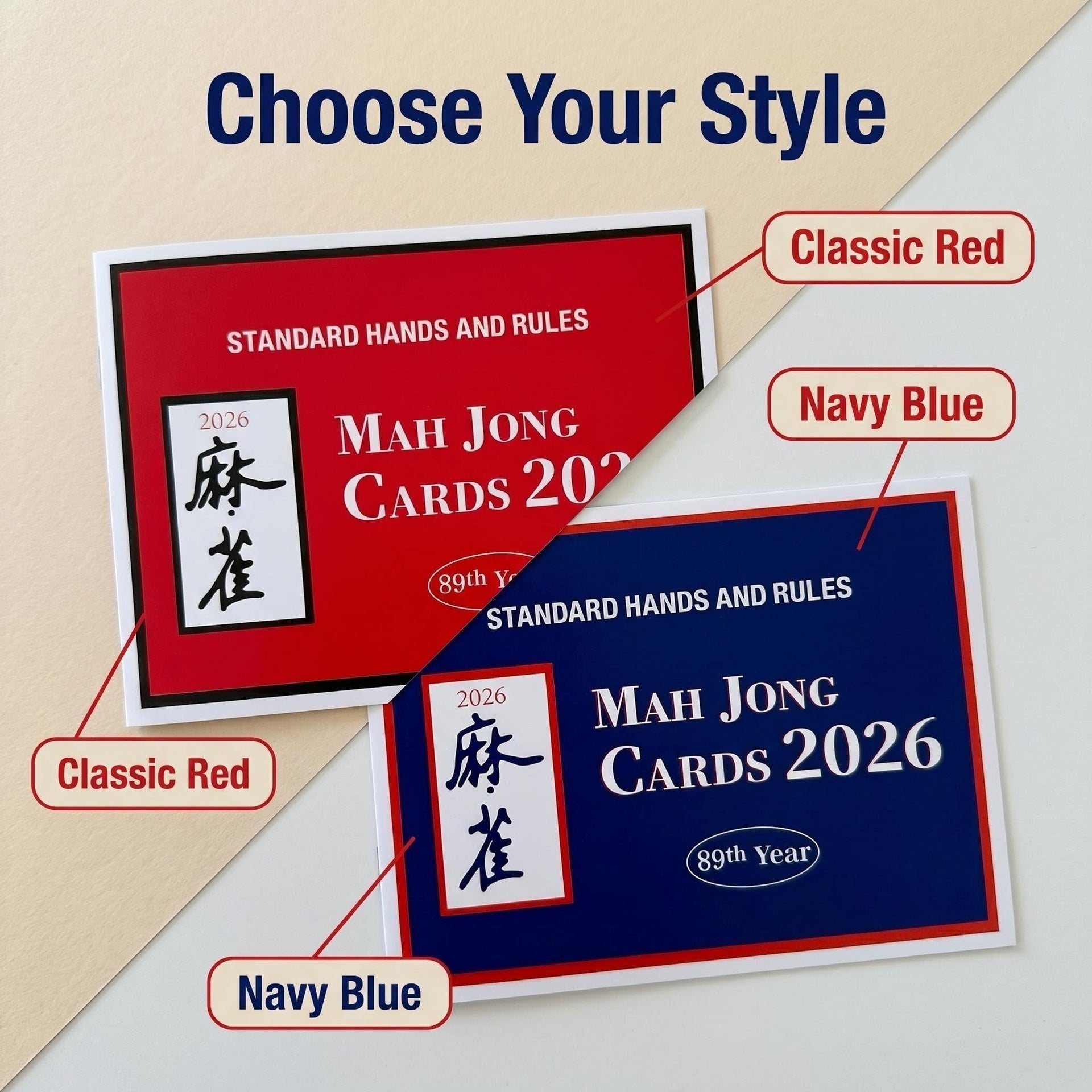 Red and Navy 2026 Mahjong Cards stacked - American Mahjong Standard Hands and Rules 89th Year