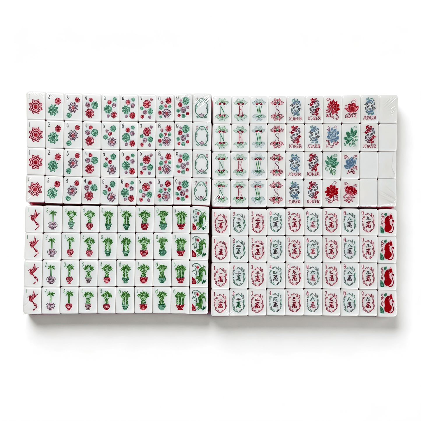Rose Quartz American Mahjong Set by USA Mahjong Co. with 166 weighted tiles, marbled pink backs, including jokers and spares.