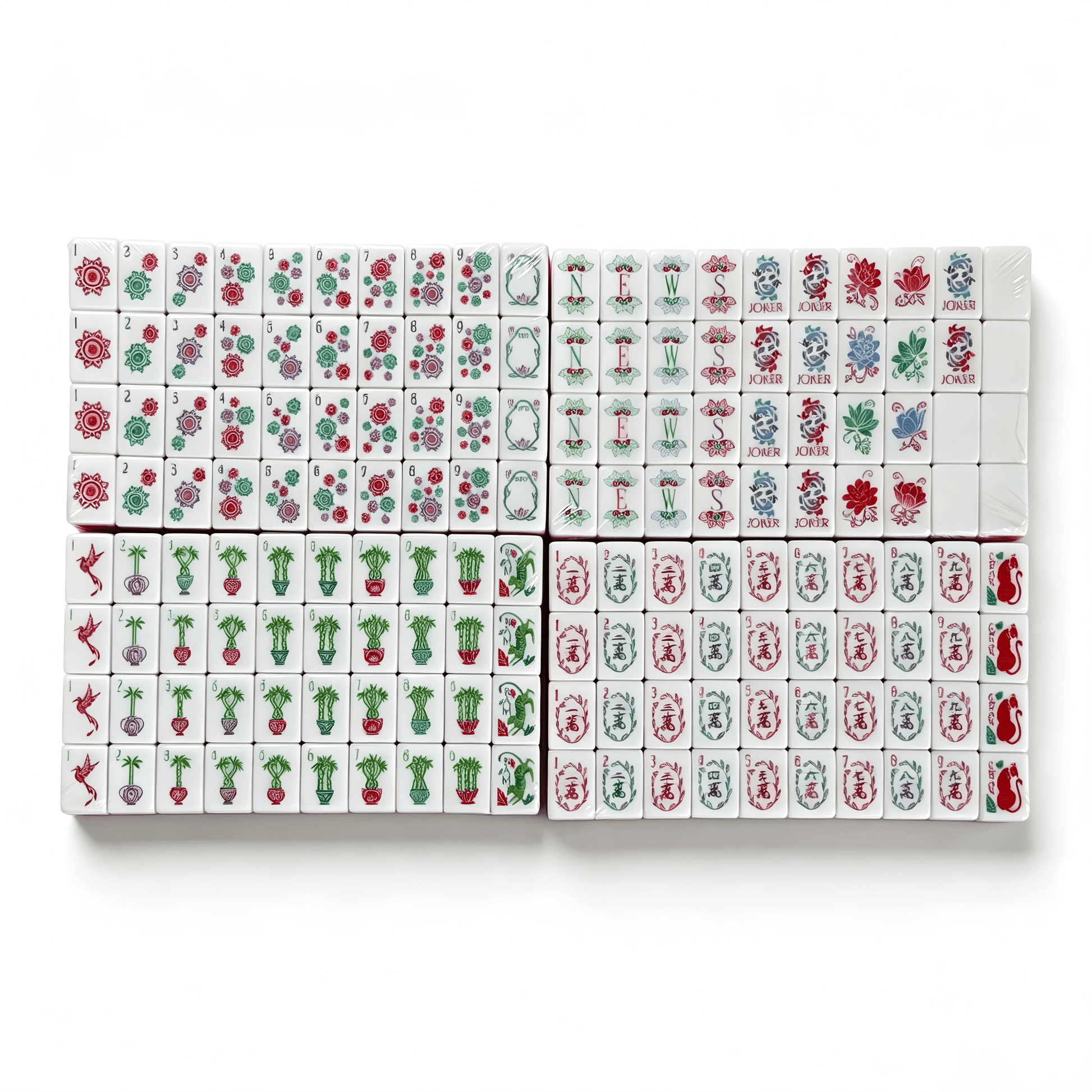 Rose Quartz American Mahjong Set by USA Mahjong Co. with 166 weighted tiles, marbled pink backs, including jokers and spares.