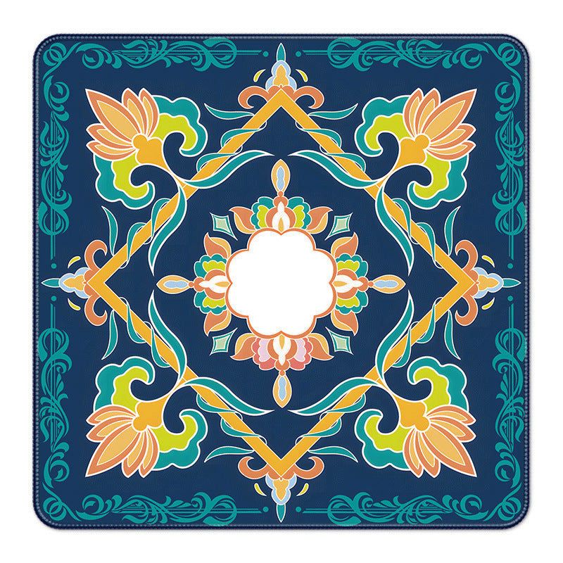 Navy blue square American mahjong table mat, symmetrical ornate floral tile pattern with teal, orange and yellow details