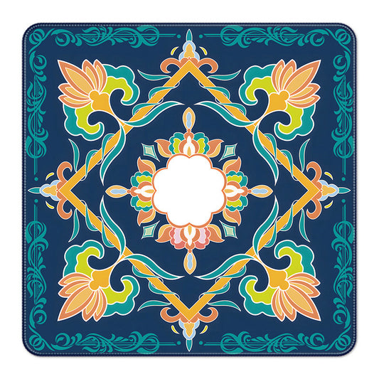 Navy blue square American mahjong table mat, symmetrical ornate floral tile pattern with teal, orange and yellow details
