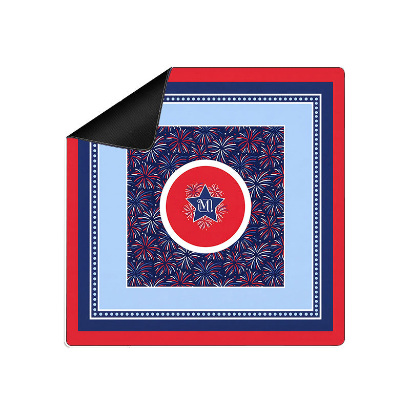 Stars & Stripes Mahjong Mat – Patriotic Red-White-Navy-Blue Firework Print Square Mahjong Table Cover with Central Blue Star Emblem and Layered Border Design