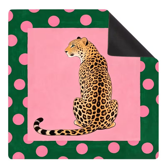 Folded square mahjong mat, sitting leopard portrait on pink center, green border with pink polka dots, black non-slip rubber back