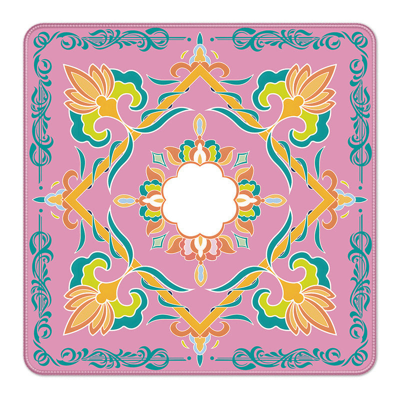 Pink square mahjong game mat with vintage decorative floral artwork, colorful orange teal yellow ornament design