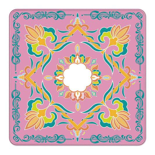 Pink square mahjong game mat with vintage decorative floral artwork, colorful orange teal yellow ornament design