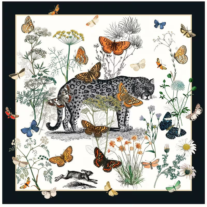 Vintage art style mahjong table mat, black jaguar surrounded by colorful butterflies, wild flowers and plants, black border