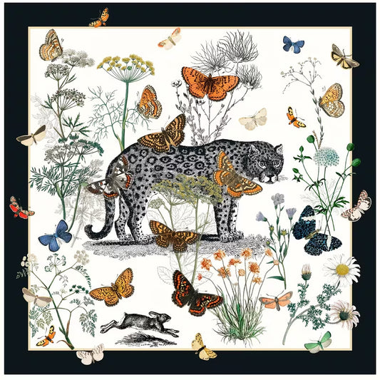 Vintage art style mahjong table mat, black jaguar surrounded by colorful butterflies, wild flowers and plants, black border
