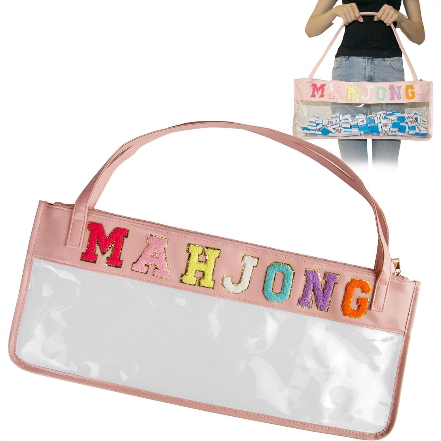 The Clear Shore Tote | American Mahjong Carrying Case - Designer PVC Shoulder Bag with Chenille Lettering