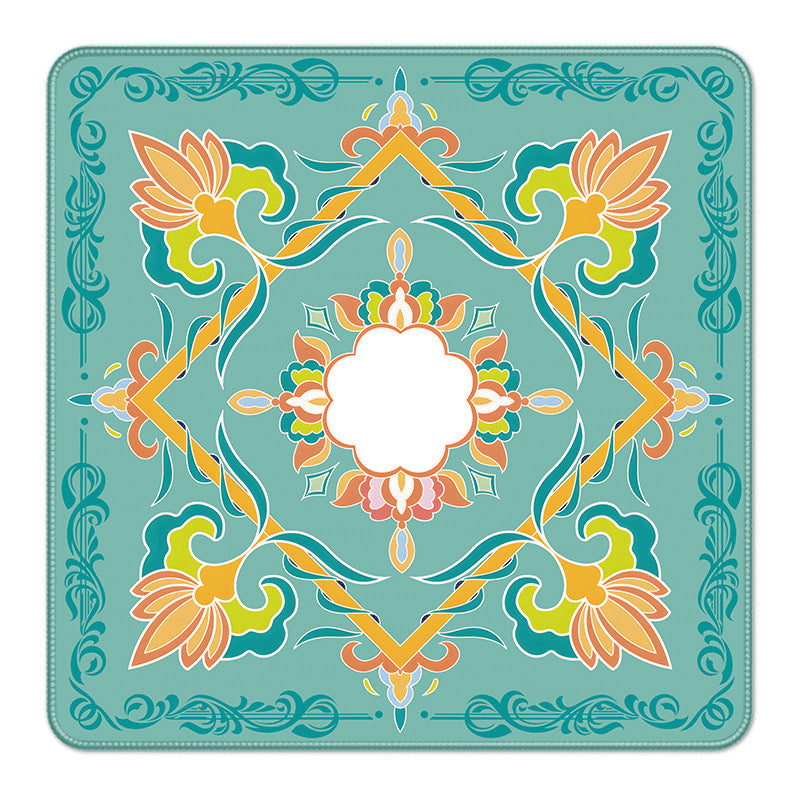 Mint teal square mahjong table mat, symmetrical ornate floral pattern with orange, yellow and teal decorative motifs