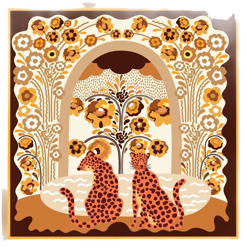 Retro illustration mahjong mat, two leopards sitting under floral arch, warm earth tone flower garden art pattern