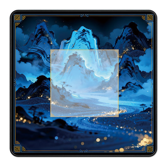 Chinese ink blue mountain landscape mahjong mat with golden glowing decorative details