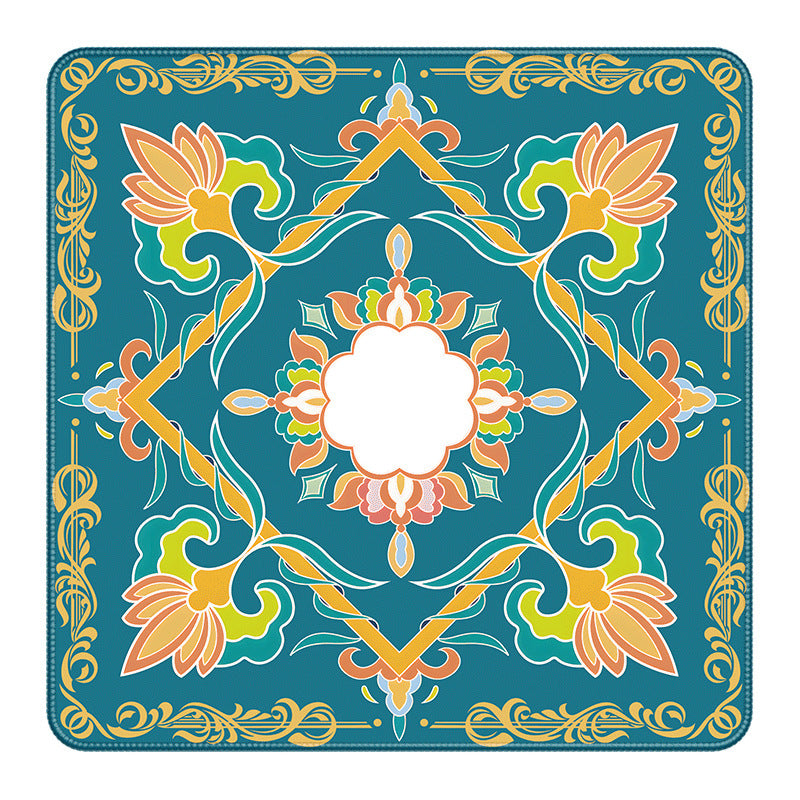 Deep teal square American mahjong mat, elegant floral geometric pattern with golden decorative border