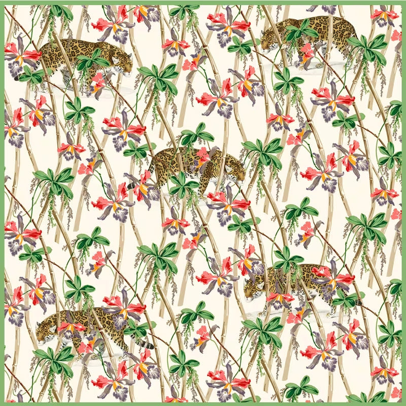 Jungle style mahjong table mat, leopards wandering among bamboo stalks and bright tropical orchid flowers