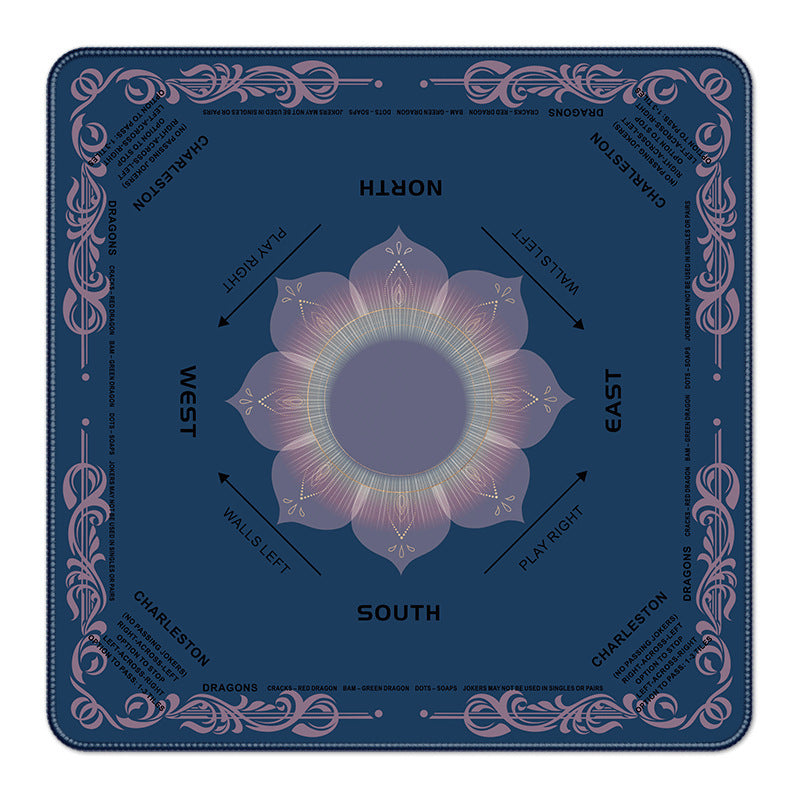 Navy blue mahjong table mat with lotus flower center, printed wind directions North South East West and Charleston rules