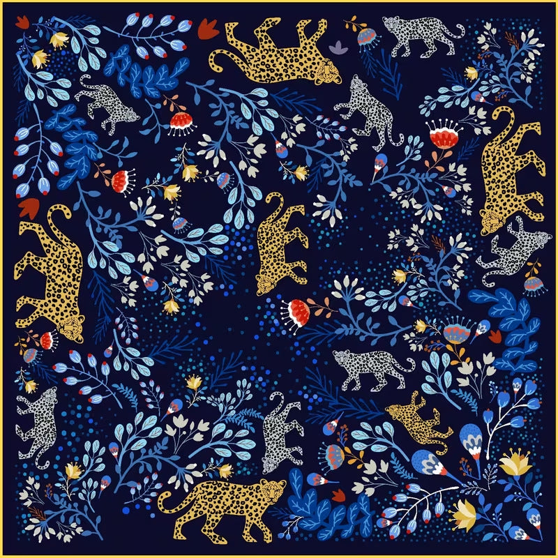 Navy blue mahjong game mat, all-over print of dynamic golden & grey leopards and blue wild flowers