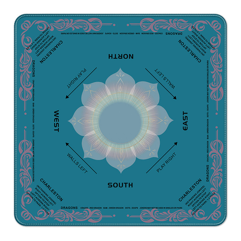 Teal square mahjong game mat, soft lotus floral design, printed mahjong wind markers and gameplay rule text