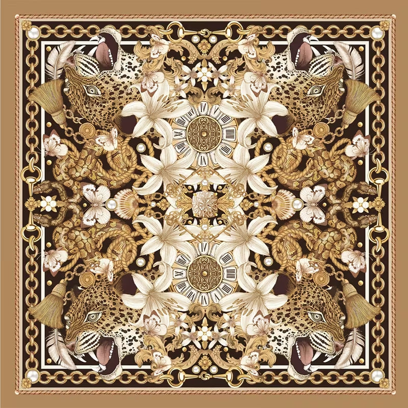 Luxury baroque mahjong table mat, leopard heads paired with golden chains, lily flowers, clock and pearl ornament patterns
