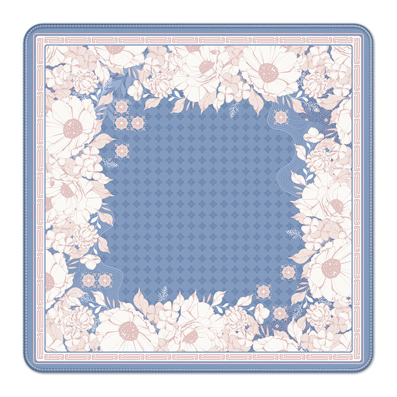 Dusty blue mat surrounded by cream peony floral border, American mahjong table cover
