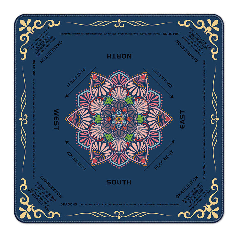 Navy blue American mahjong mat, colorful mandala flower center, golden corner ornament and printed game rules