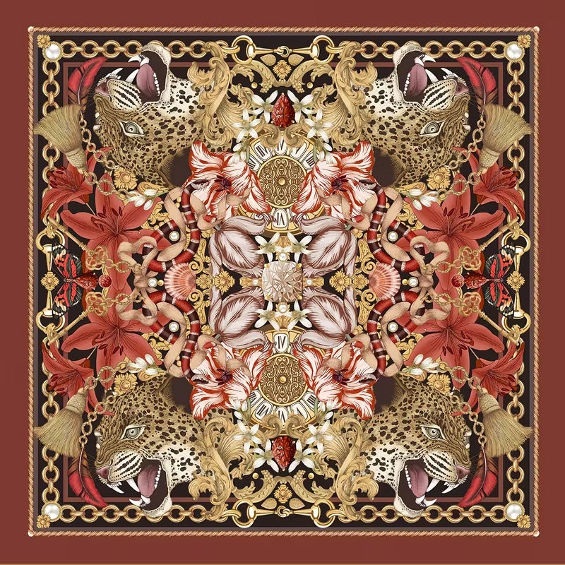 Vintage red tone luxury mahjong mat, leopard heads, golden chains and red lily floral symmetrical artwork