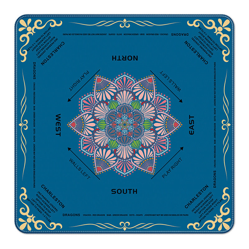 Bright blue square mahjong table mat, vibrant mandala floral art, gold border and printed wind direction & Charleston rules