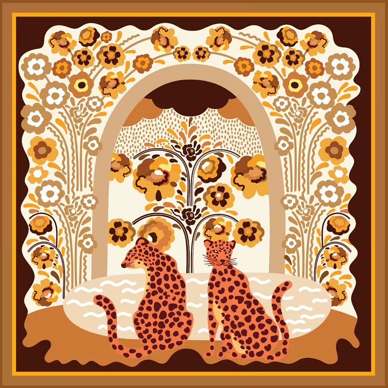Warm brown version retro illustration mahjong mat, two spotted leopards sitting inside floral arch garden
