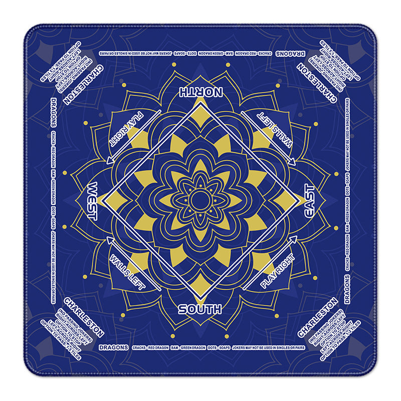 Navy blue mandala American mahjong mat printed with wind directions and Charleston game rules