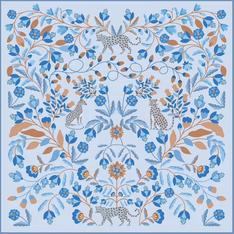 Light blue square mahjong table mat, symmetrical botanical pattern with blue flowers and hand drawn leopard illustrations, decorative mahjong game surface