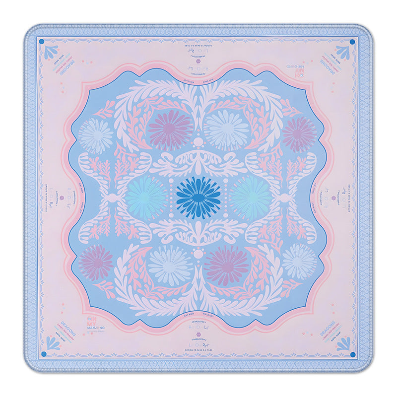Pastel pink and blue floral square mahjong table mat for American mahjong gameplay