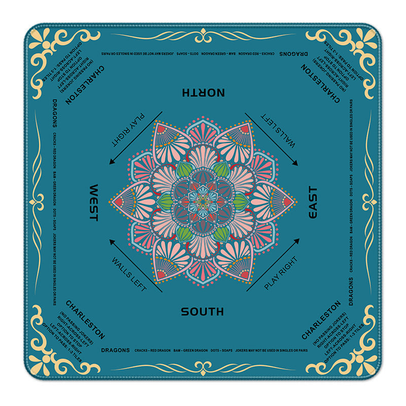Teal blue square mahjong game mat, vibrant pink mandala floral design, printed wind directions and American mahjong Charleston passing rules