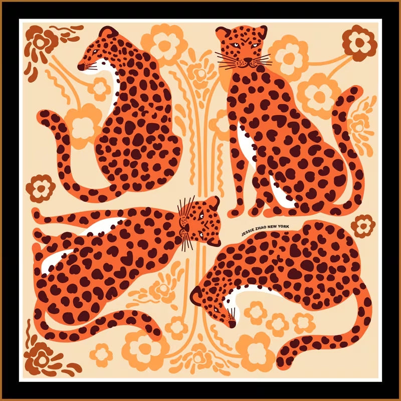 Retro art mahjong table mat, four orange leopards with warm floral background, artistic square game mat for american mahjong