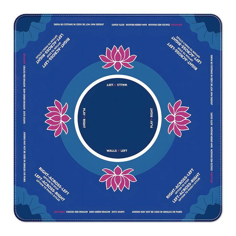 Deep blue lotus print mahjong game mat with American mahjong playing instructions