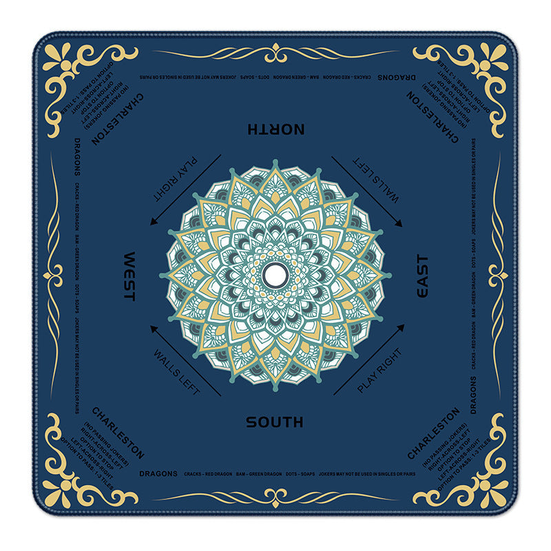 Navy blue American mahjong table mat, green and gold mandala art at center, printed wind markers and mahjong gameplay rules, golden ornate border