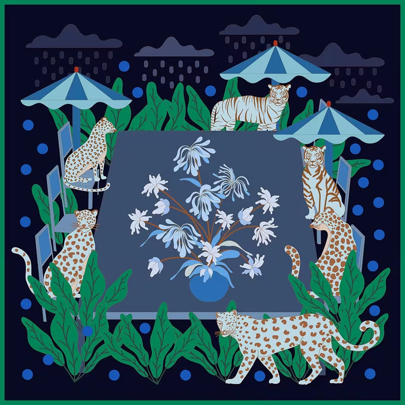 Tropical jungle themed mahjong mat, leopards and tigers around outdoor dining table with plants and umbrellas, dark navy background
