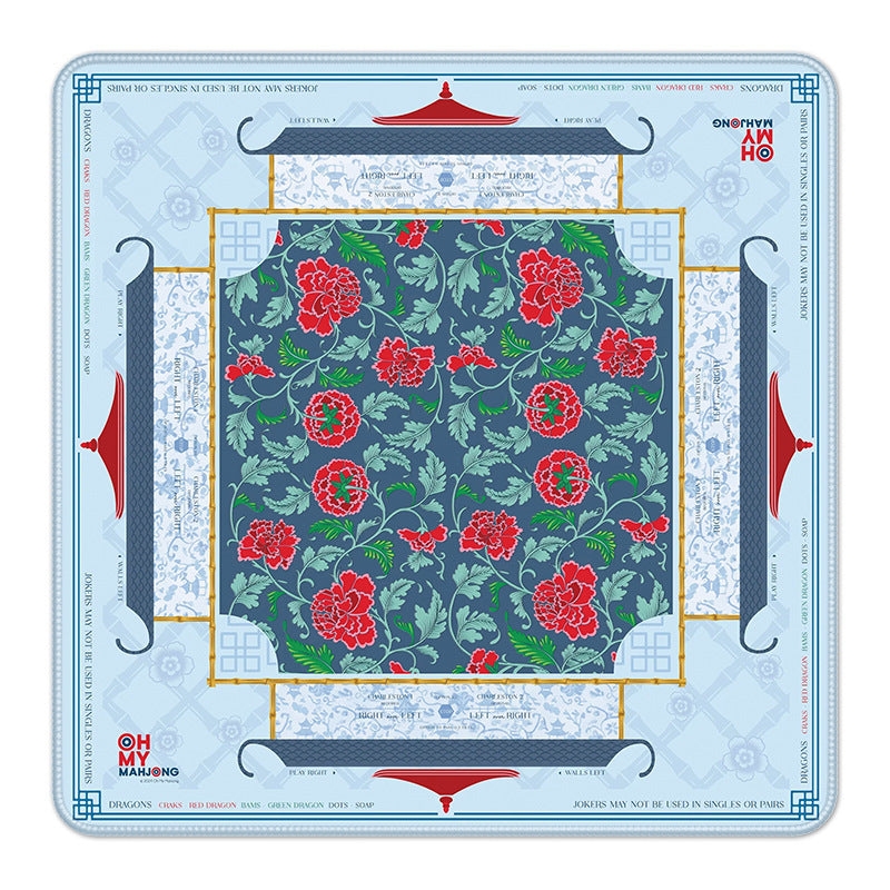 Red peony floral American mahjong game mat with pagoda and bamboo frame decorative border