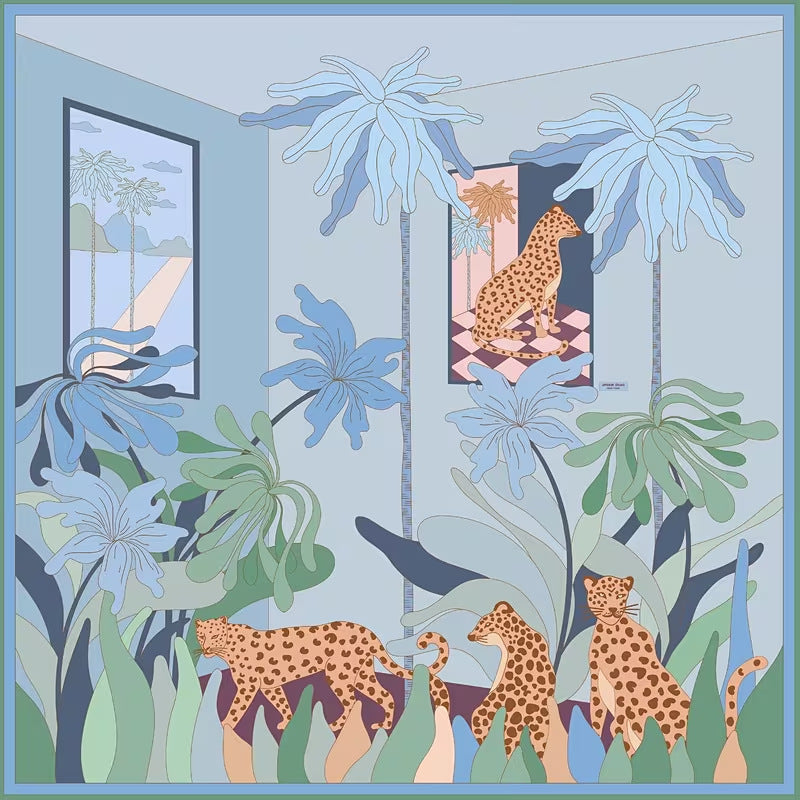 Bohemian interior jungle mahjong game mat, spotted leopards wandering among large tropical blue plants inside stylish room
