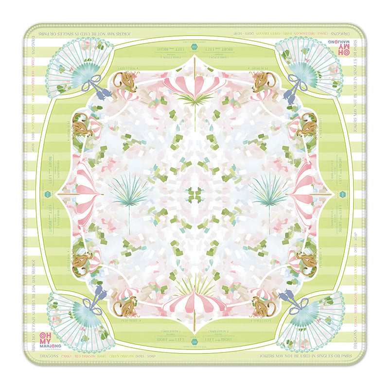 Pastel green striped mahjong mat with monkey, palm tree and folding fan illustration for American mahjong