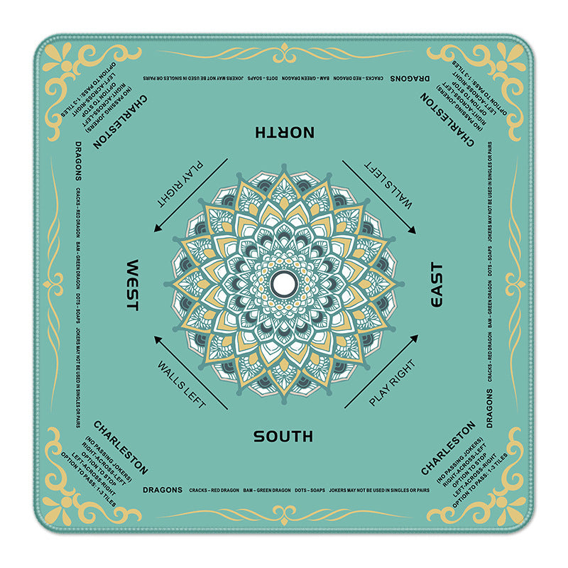 Mint teal mahjong table mat, symmetrical green gold mandala flower artwork, printed wind positions and American mahjong rules