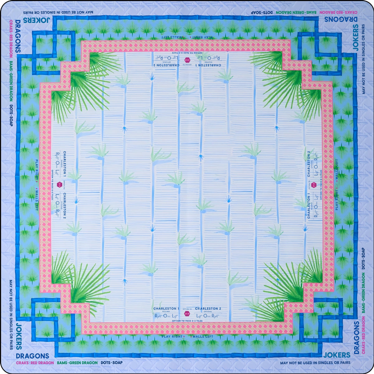 American mahjong rule printed table mat, blue palm tree pattern, marked wall and play direction guide for 160 tiles mahjong set