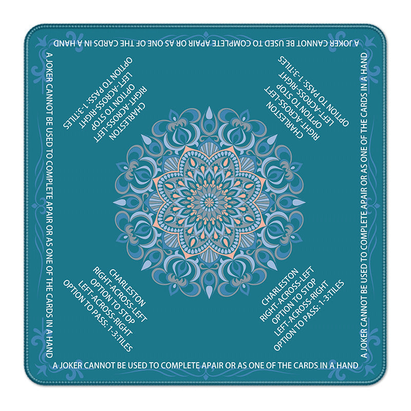 Teal mandala square mahjong game mat printed with American mahjong Charleston and joker rules