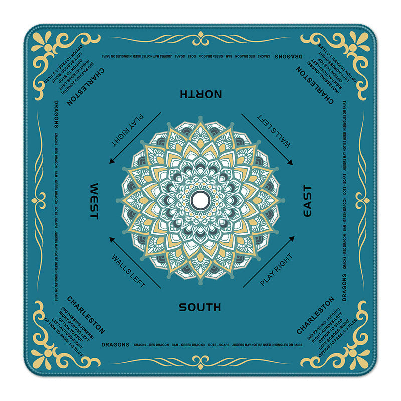 Deep teal square American mahjong mat, intricate green and gold mandala center, printed game wind directions and Charleston passing rules
