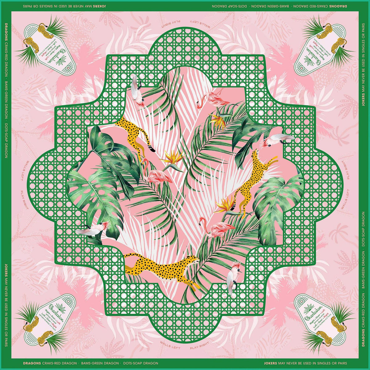 Pink tropical mahjong mat with game boundary guide, yellow leopards, flamingo, monstera palm leaves and green lattice border