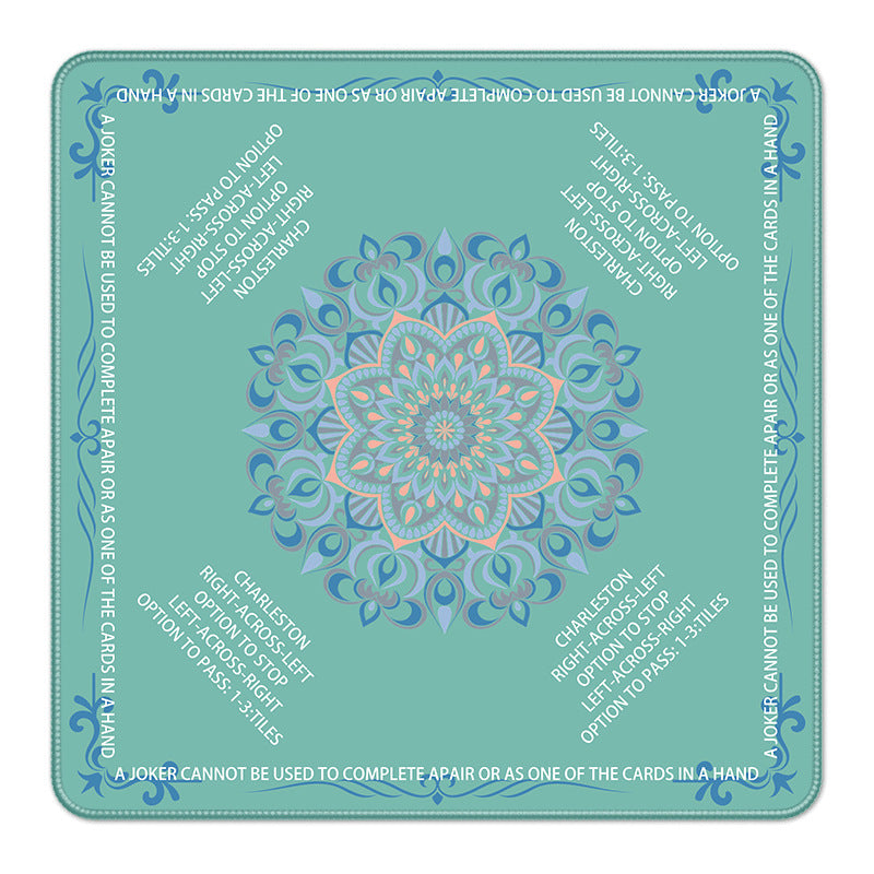 Mint green mandala mahjong table mat with printed American mahjong gameplay instructions