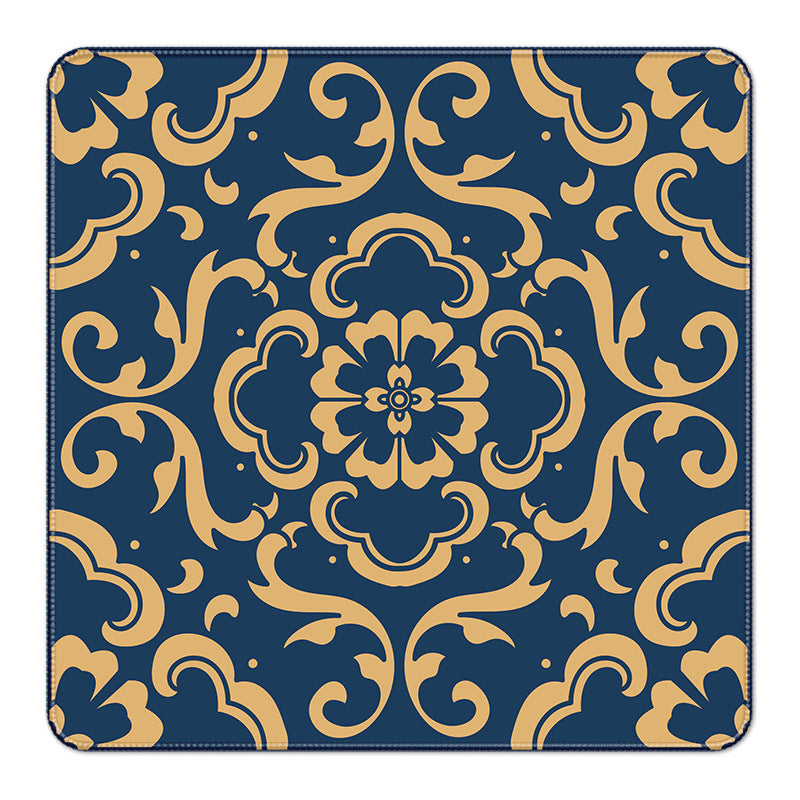 Navy blue square mahjong table mat, luxury vintage gold floral scroll pattern, elegant damask style decorative surface for mahjong game
