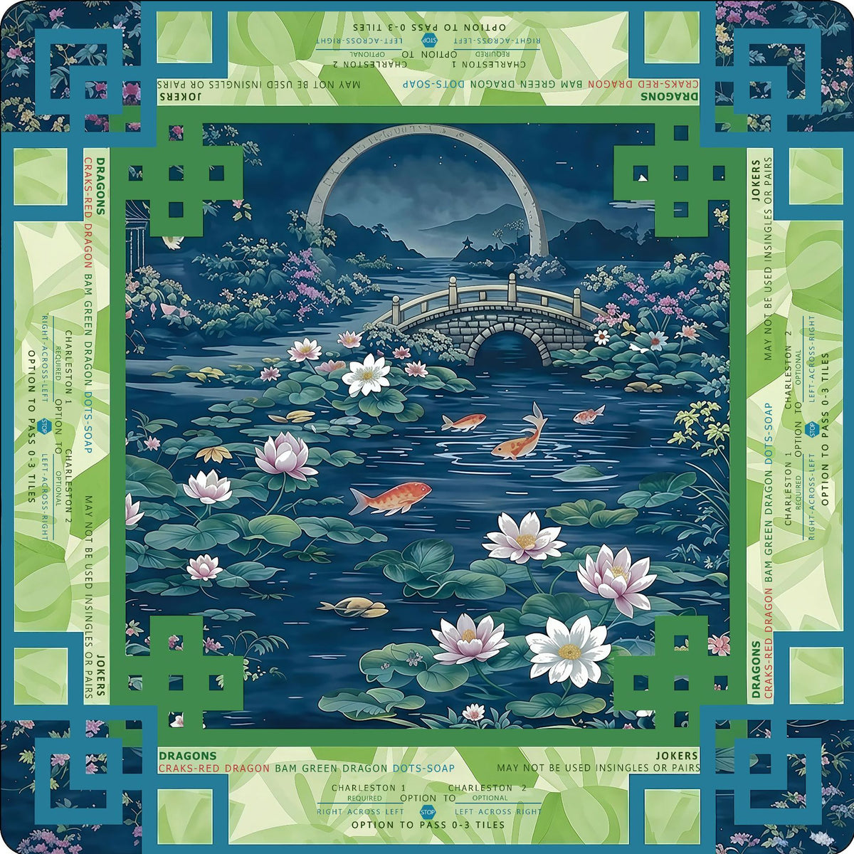 Oriental lotus pond mahjong table mat, green frame, koi fish, lotus flowers and stone bridge night landscape with mahjong playing guide