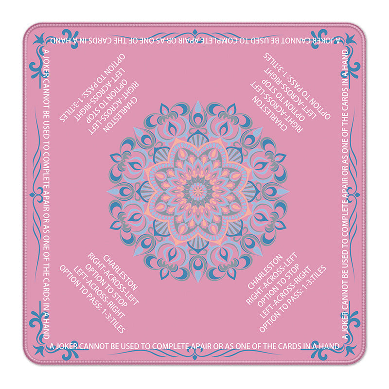 Dusty pink mandala American mahjong mat featuring Charleston pass rules and joker rule text