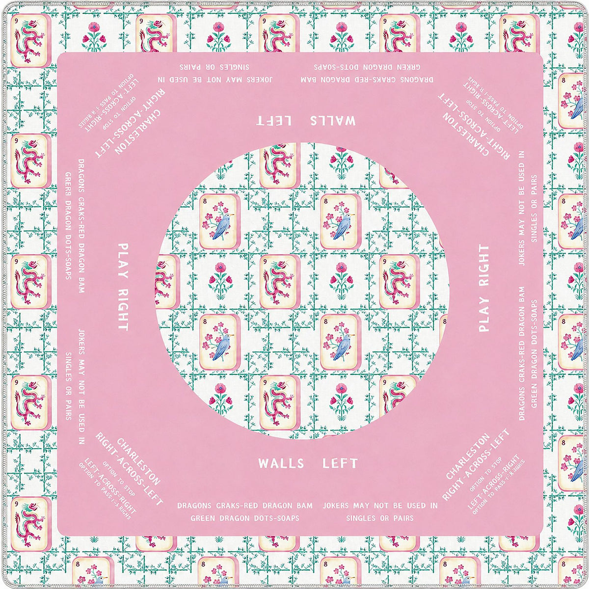 Pink vintage style mahjong game mat, dragon and bird mahjong tile pattern, printed walls left and play direction markers