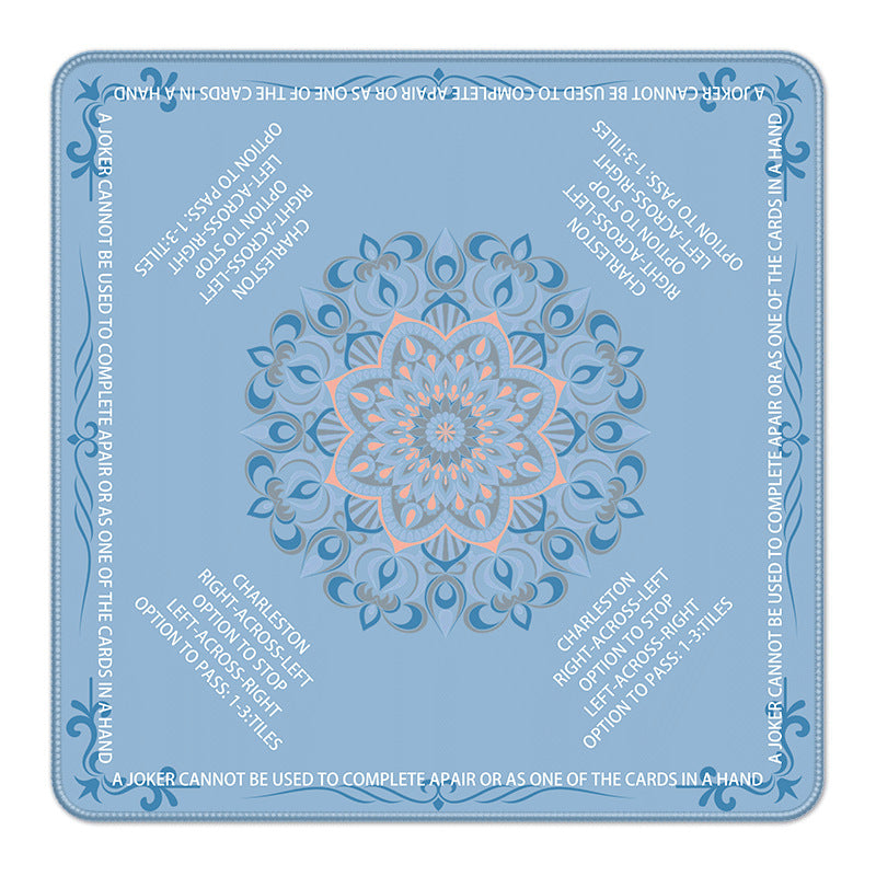 Soft light blue mandala mahjong table mat with printed American mahjong rule prompts