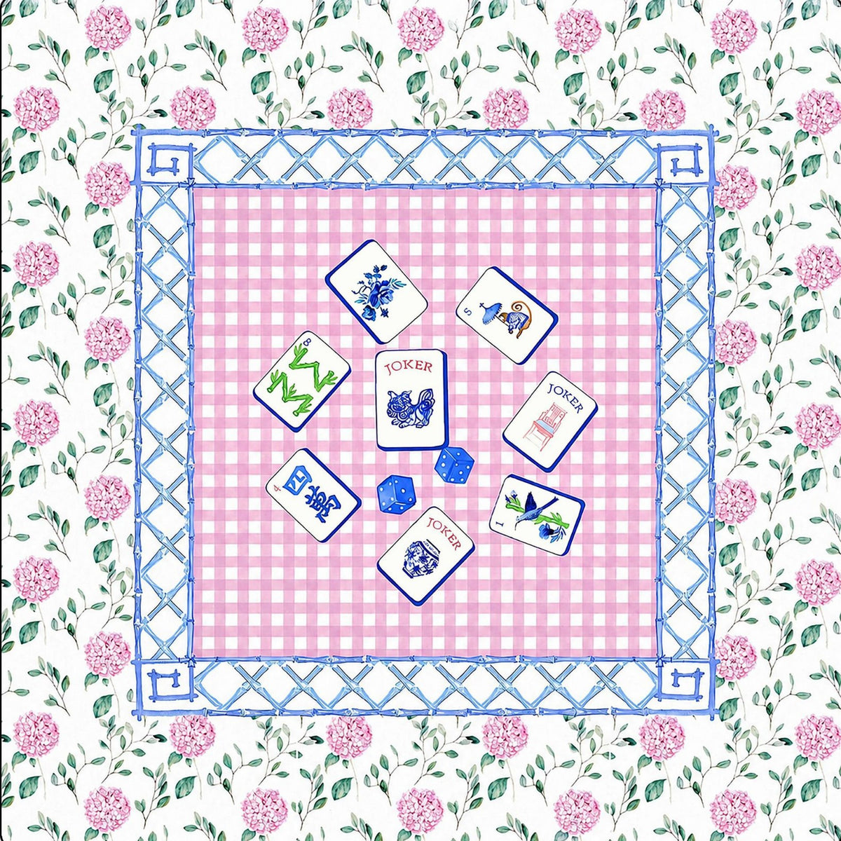 Preppy floral mahjong table mat, pink hydrangea flowers, pink gingham play zone with american mahjong tiles and dice illustration